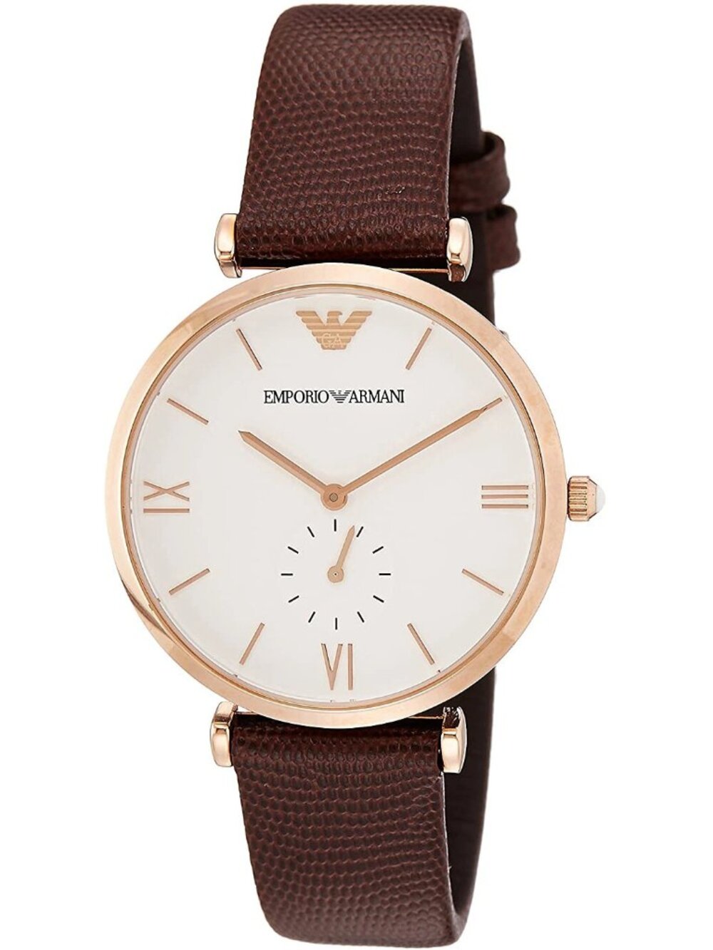Emporio Armani AR9042 Rose Gold Tone White Dial Brown Leather Band Mens Watch